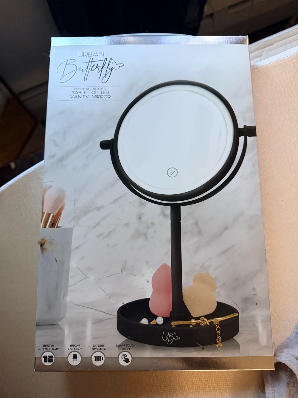 Black LED Vanity Mirror with Storage Tray